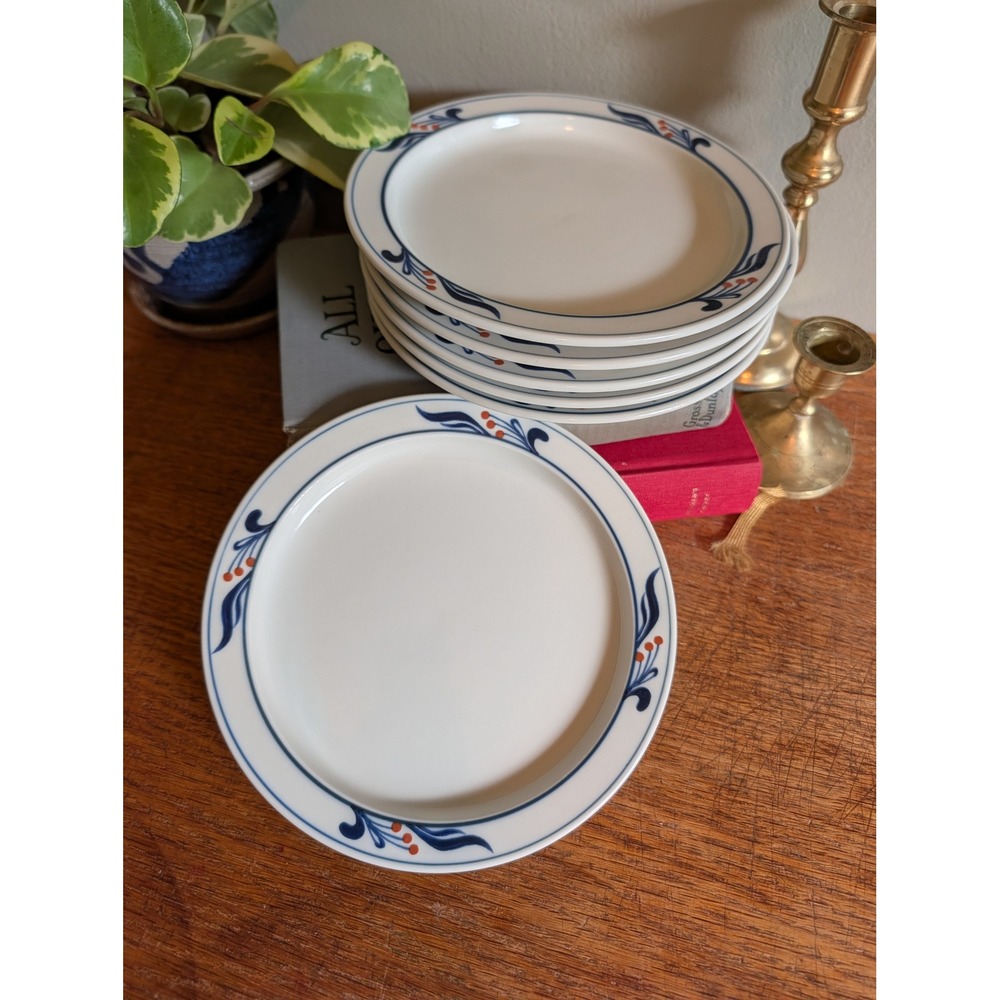 Dansk Bistro Maribo Set of 6 Salad Plates Blue Floral Stoneware Japan 7.5 inch